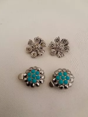 Two Pairs Vintage Clip Earrings Marcasite  & Turquoisem Pure Vintage • £7.99