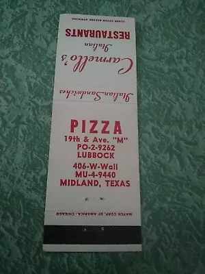 Vintage Matchbook F7 Collectible Ephemera Lubbock Midland Texas Pizza Carmello • $31.99