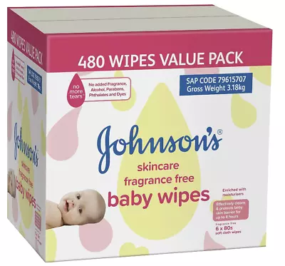 JOHNSON'S Baby Skincare Fragrance Free Baby Wipes 6 X 80 Pack • $37.95