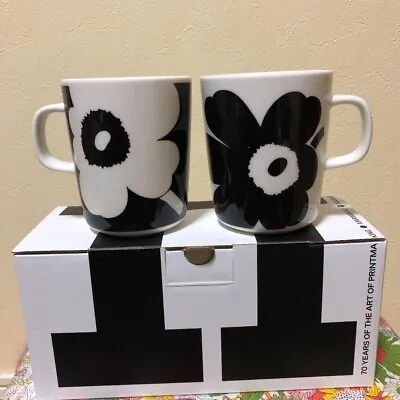 Marimekko UNIKKO Coffee Mug Cup Set Of 2 70th Anniversary Flower White Black • $88