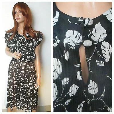 Vintage Liza Peta Tea Dress UK12 Mono Leaf Print Accordion Pleat 1940s WW2 Style • £9.99