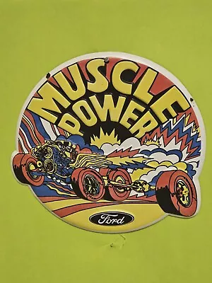 FORD “Muscle Power” Distressed Officially Licensed Round Tin Sign 7” • $15