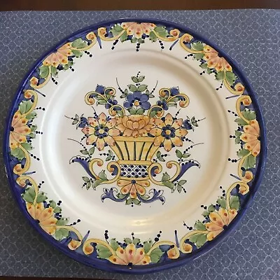 J.Willfred Sadek Handpainted Portugal HUGE Blue Yellow Floral Plate 13   EUC! • $37.50