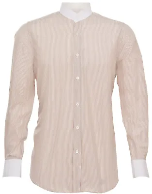 Mens Retro Peaky Blinders Removable Collar Nehru Coffee Striped Collarless Shirt • £32.99