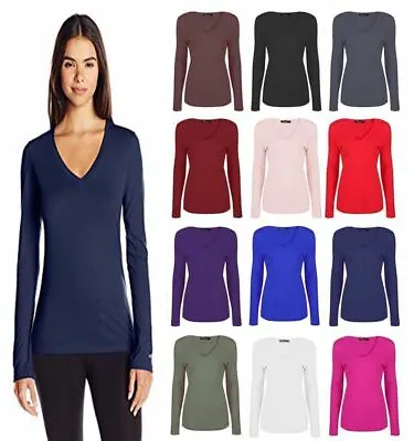 Ladies Womans Basic Long Sleeve Plain V Neck Stretch Top T Shirt Plus Size 8-26 • £5.51