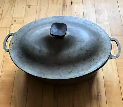 Vintage Cast Aluminum Heavy Oval Roaster Dutch Oven With Dome Lid 15  X 10  • $12