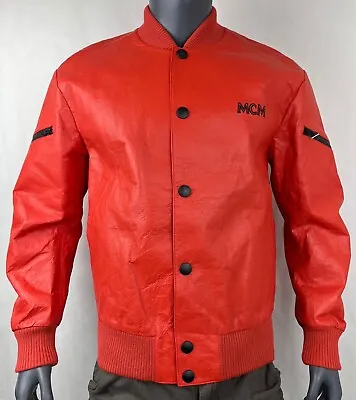 $2370 MCM Men's Red Leather Button Up Bomber Jacket With Black Logo MHJ9AMV19RE0 • $425