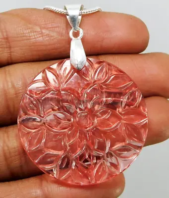 104.50 Ct Natural Peach Pink Carving Morganite Round Chain Pendant • $159.59