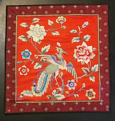 Antique Chinese Intricate Hand Embroidery Silk Textile Panel Phoenix Bird Floral • $99