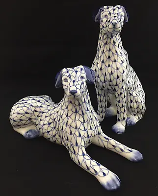 $125 • Buy Andrea By Sadek Set Of Blue & White Fishnet Dog Figurines Porcelain 1980's VTG