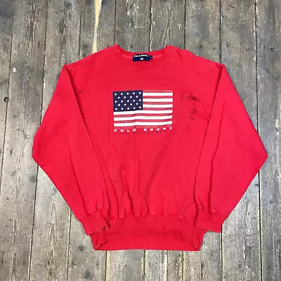 Ralph Lauren Polo Sport Sweatshir Flag Spellout Y2K Sweater Red Mens XL • £40
