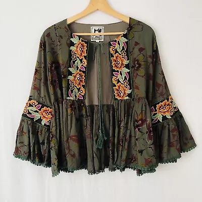 JAASE Green Floral Embroidered 3/4 Sleeve Open Jacket Top Size Small Boho • $42
