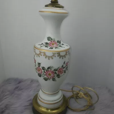 Vintage Milk Glass Table Lamp Floral Hand Painted Gold Detailing 27  • $41.39