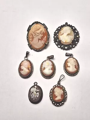 LOT Of 7 Antique Carved CAMEO SHELL PENDANT BROOCH Marcasite 800 Silver Sterling • $19.95