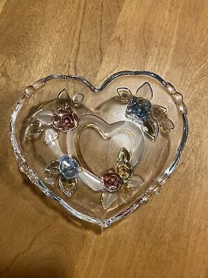 NEW Mikasa Crystal Heart Shaped Flowered Candy Dish Multi Color 6.5  • $8.99