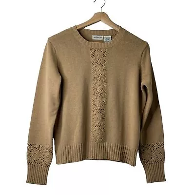 Vintage Tan Crochet Knitted Cotton Blend White Stag Sweater Women's Size L • $11.97