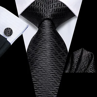 Silk Mens Black Tie Paisley Floral Checks Formal Ties Hankerchief Cufflinks Set • £10.99