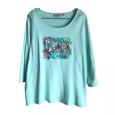 Quacker Factory Women's Top Tee XL Green Cat Embroidery Rhinestone 100% Cotton • $21.61