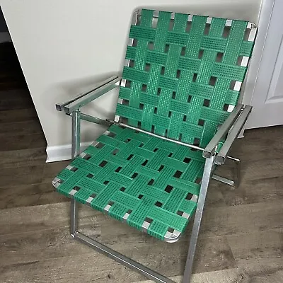 Vintage Aluminum Folding Lawn Chair Webbed Green • $48.99