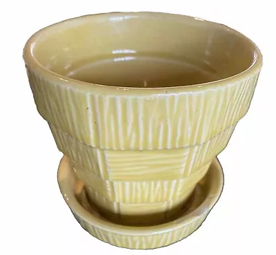 McCoy Art Pottery Yellow Basketweave Planter Pot Attached Saucer 4.75  H Vintage • $34.99