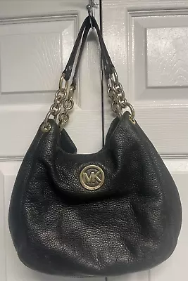 Michael Kors Black Leather Hobo Shoulder Bag Purse Gold Chain Handles • $20