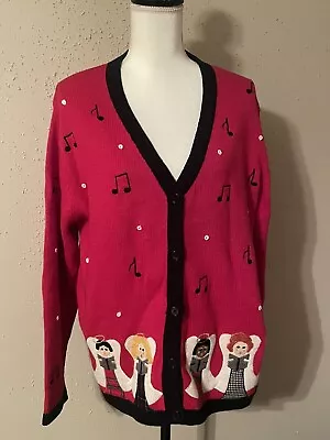 Bechamel Christmas Cardigan-Women’s Red Sz L- Singing Angel Choir Music Notes • $24.99