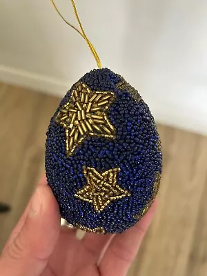 Vintage Silvestri Beaded Blue Gold Egg Shaped Christmas Ornament • $8.50