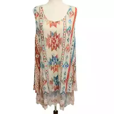 Origami By Vivien Tank Tunic XXL Western Aztec Boho Cream Blue Red Lace Crochet • $24.89