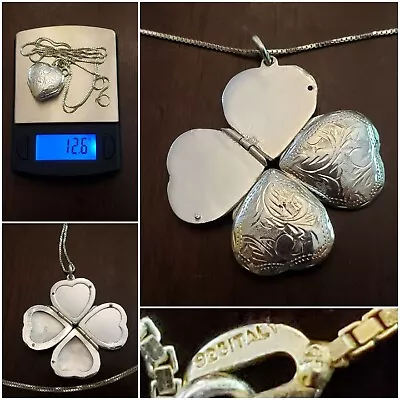 VTG Sterling Silver 4 Leaf Clover Heart Picture Locket Necklace Etched Italy 925 • $70