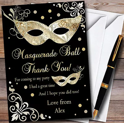 Gold & Black Masquerade Ball Personalised Party Thank You Cards • £9.99