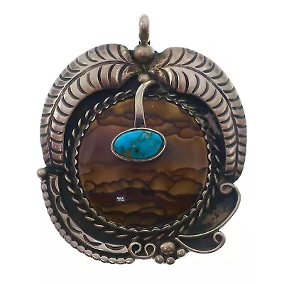 Vintage Native American Sterling Silver And Pictured Jasper Turquoise Pendant • $256.75