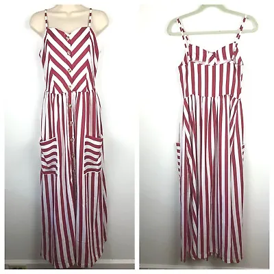 Zaful Striped Maxi Dress Cami Button Front Burgundy Red White Size Small NEW • £14.43