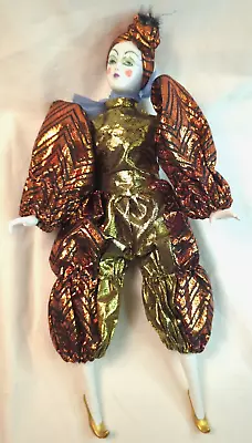 Harlequin Jester Porcelain Doll Copper & Green Mardi Gras Doll 12  • $14