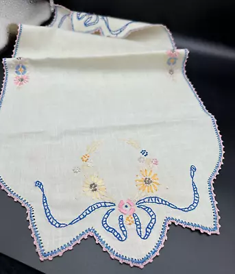 Vintage Hand Embroidered Table Runner Dresser Scarf  Dainty Pink & Blue • $8