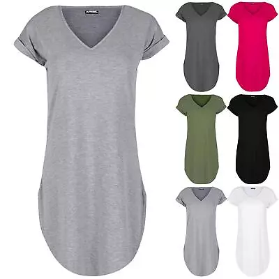 Womens Ladies Curved Hem Baggy Plain Oversized Turn Up Sleeve Mini T Shirt Dress • £4.49