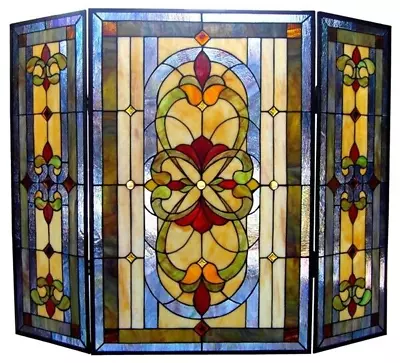 Tiffany Style Stained Glass Victorian 3 Piece Folding Fireplace Screen 31  X 40  • $335