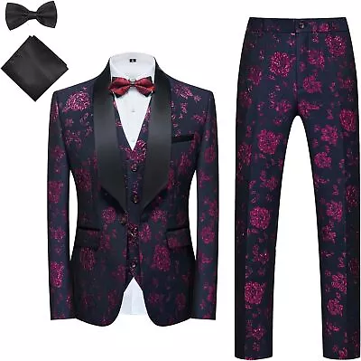 MOGU Mens 3 Piece Tuxedo Slim Fit Jacquard Floral Vintage Groomsmen Wedding Prom • $236.65