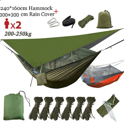 Camping Hammock With Mosquito Net + Fly Rain Cover Tent Tarp Waterproof Outdoor • £16.82