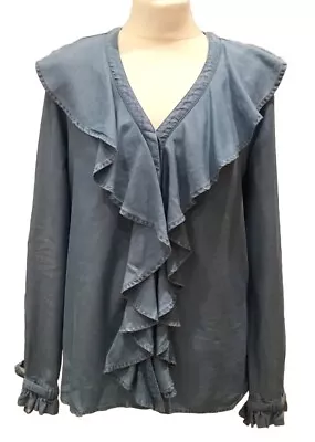 Vintage  Laura Ashley Blue Blouse Size 12 Soft  Linen Mix New Romantic Ruffle • £15