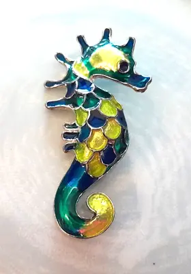 Vintage 2.5  Green Blue Yellow Unmarked Seahorse Brooch Pin • $19.57
