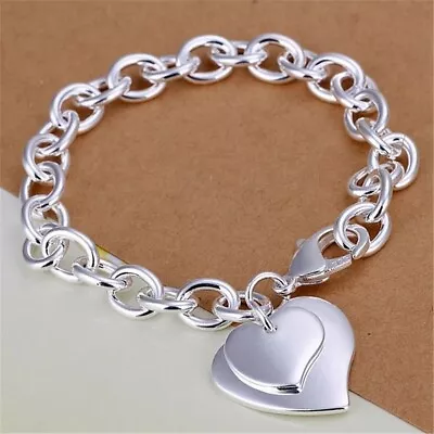 Double Heart Tag Curb Chain 925 Sterling Silver Women Charm Bangle Gift Bracelet • $6.49