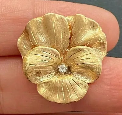 Vintage 14K Gold And Diamond Pansy Flower Pin Brooch • $795