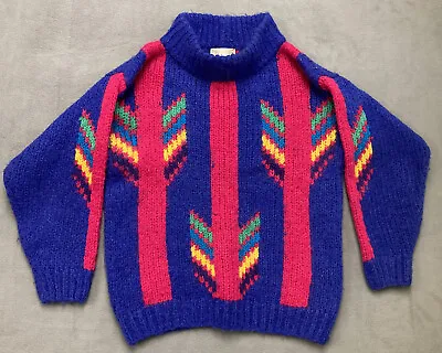 Vintage 80s 90s Protokol M Sweater Mohair Blue Red Multicolor Retro Geometric • $17.24