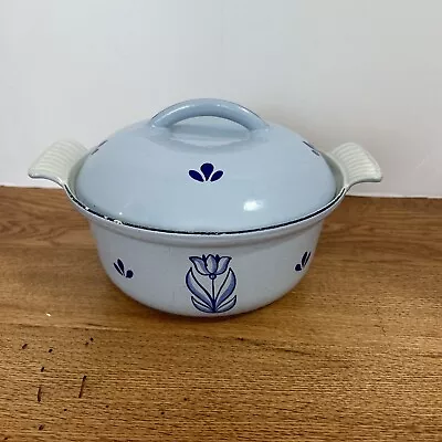 Dru Blue Tulip Vtg Small Dutch Oven Enamel Cast Iron  Made In Holland Round #18 • $34.99