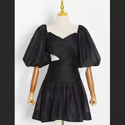 80s Mod Style Black Cut Out Dress V Neck Short Puff Sleeve Ruched Mini • $45