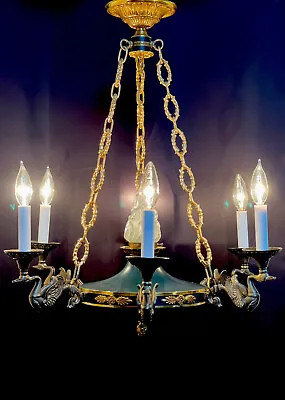 French Neoclassical Empire Swan Chandelier Torch Tole Brass Bronze Vintage • $2675