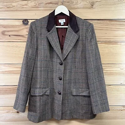 Vtg Talbots Blazer 16 Brown Wool Houndstooth Suede Leather Collar Lined B136 • $64.99