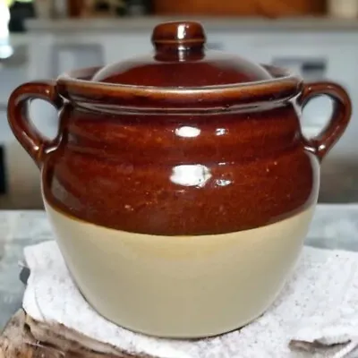 Vintage Bean Pot Westernware Stoneware W/Lid Brown Tan Leaf On Bottom 7.5” T • $39.99
