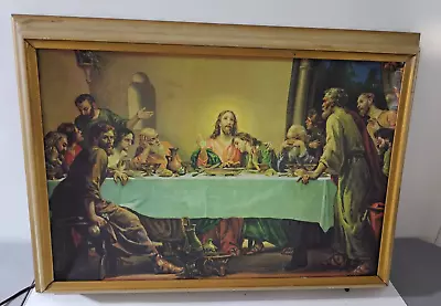 Vintage Helmscene Lighted Canvas Last Supper Framed Picture 27 X 20  Metal Frame • $40