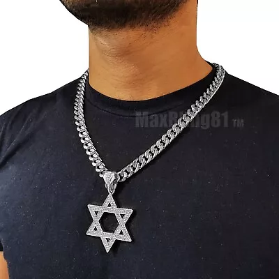 Iced Cubic Zirconia Silver Plated Star Of David Charm 10mm Cuban Chain Necklace • $25.99